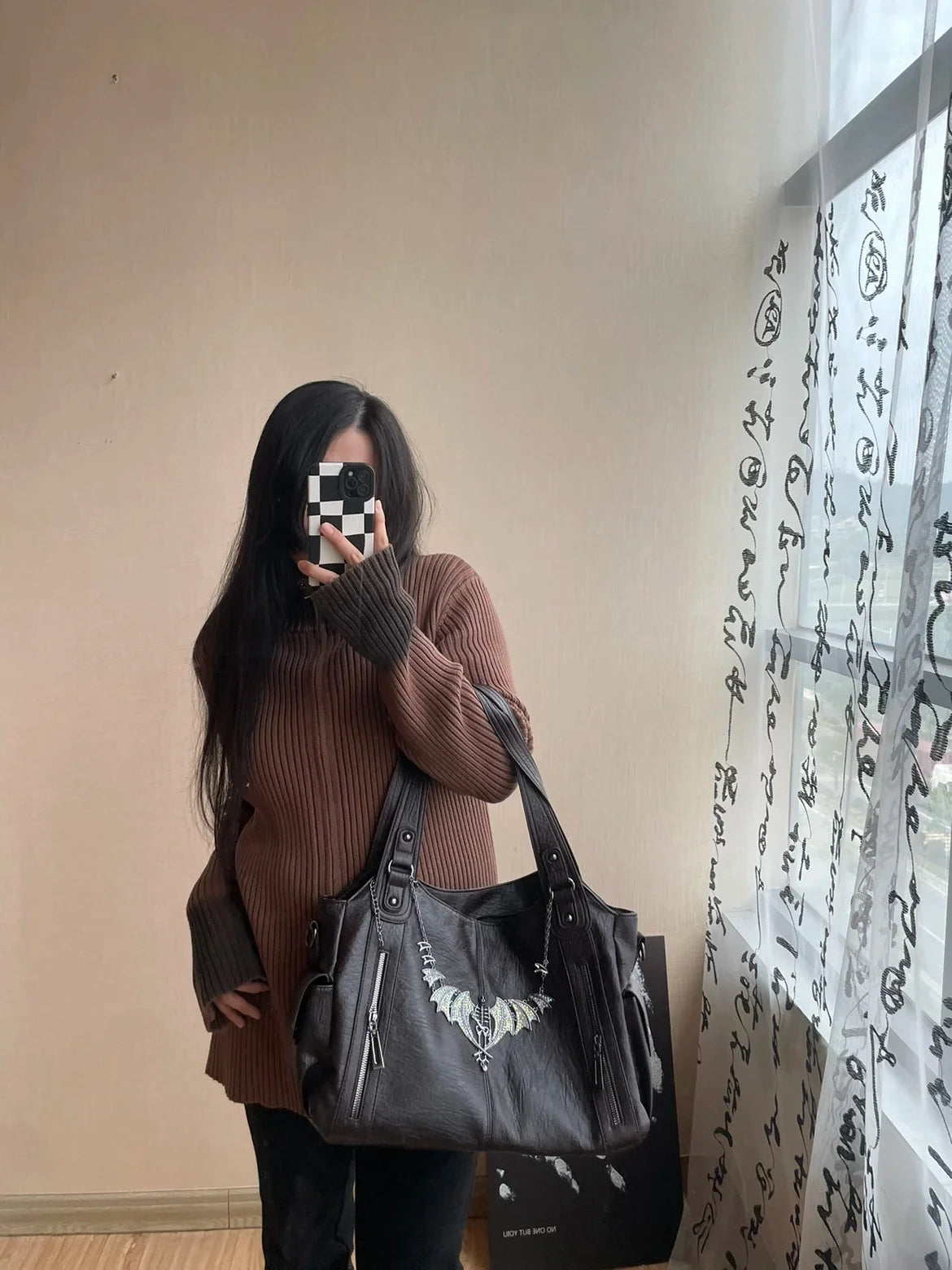 Black Gothic Handbag Y2K Punk Bags Leather Versatile Daily Crossbody Bag Message Tote Bags