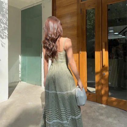 Holiday Style Summer Women's Dress Lace Splicing Sweet Lace Waist Back Green Plaid Dresses Elegant Fashion Long Dress