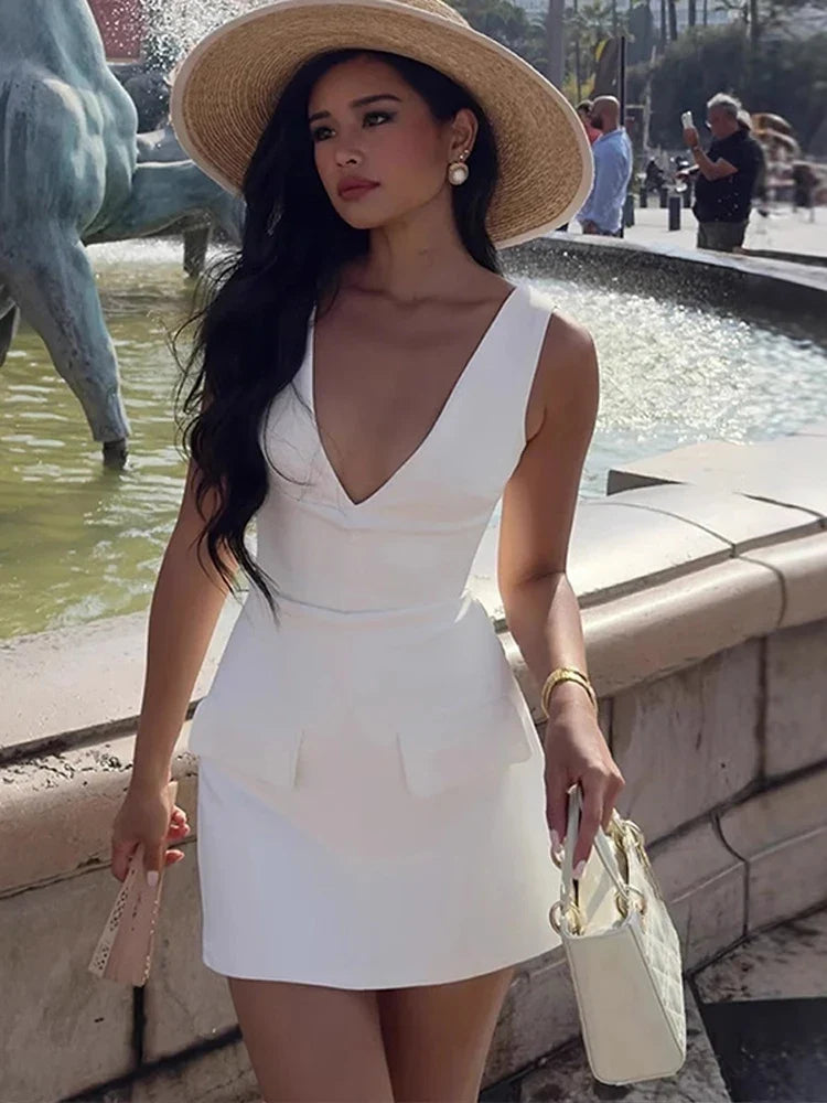 Fashion Mini Party Dress Women V-neck Sleeveless Backless Slim Hip Package Evening Dresses Female 2025 Spring Summer Lady Robe