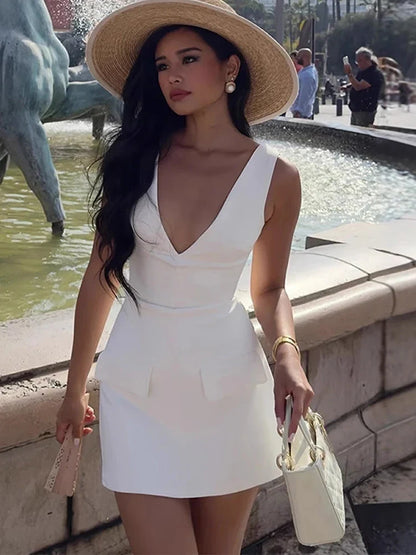 Fashion Mini Party Dress Women V-neck Sleeveless Backless Slim Hip Package Evening Dresses Female 2025 Spring Summer Lady Robe