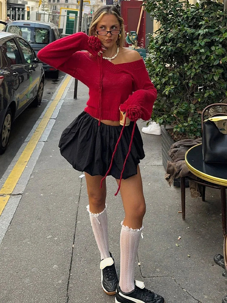 Crochet Flower Tassel Knitted Women's Pullover V-neck Long Sleeve Solid Color Sweater Fashion Casual Loose Retro Women Sweaters