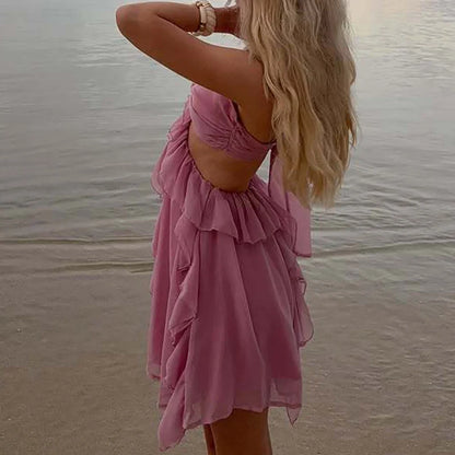 Girls Cute Edge Ruffles Loose Halter Dress 2025 Women Solid Color Waist Hollow Mini Dress Vestidos Tie-up Backless Beach Dress