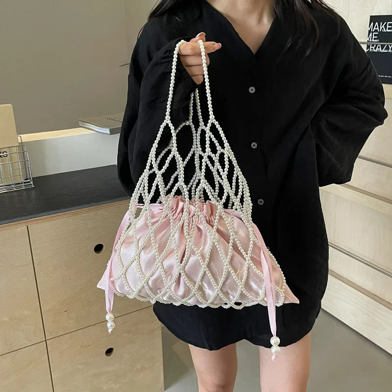 Fashion Hollow Out Beach Bag For Women Designer Handmade Woven Handbag Vintage Pearl Beading Bag 2 Set Mesh Tote Large Capacity