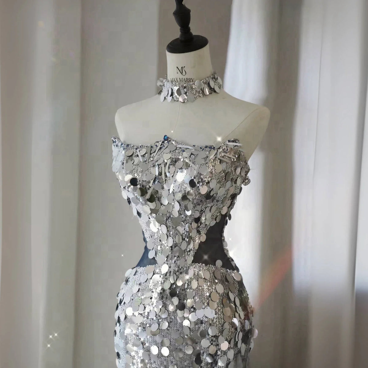 Silvery Shiny Sequins Prom Dresses Mermaid Removable Tulle Bow Trailing Ceremony Performance Party Backless Formal Evening Gowns