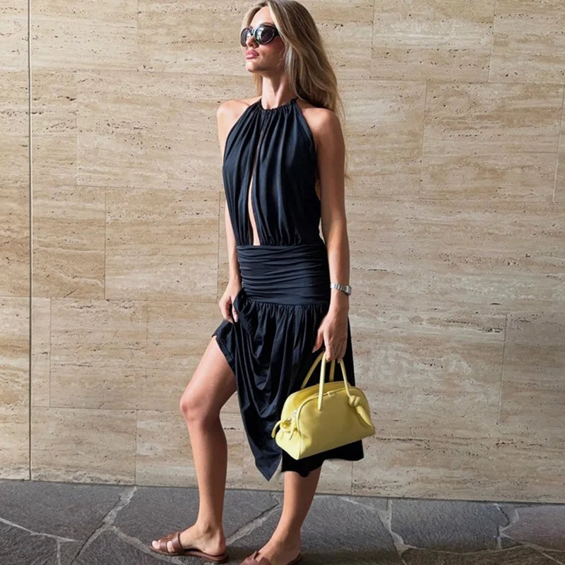 Elegant Women Streetwear Vacation Dresses Sexy Deep V-Neck Halter Dress Black Ruched Backless Lace Up Split Long Dress
