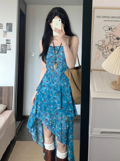 Summer Vacation Floral Print Off-Shoulder A-Line Dress Women's Irregular Hemline Slimming Long Dress Korean Style Casual Wear