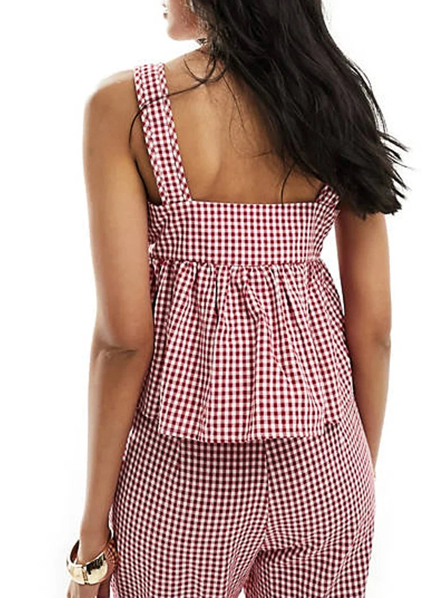Women's Shoulder Tie Tank Tops Classic Plaid Print Sleeveless Square Neck Ruffle Babydoll Peplum Vest for Summer Y2k Aesthetic