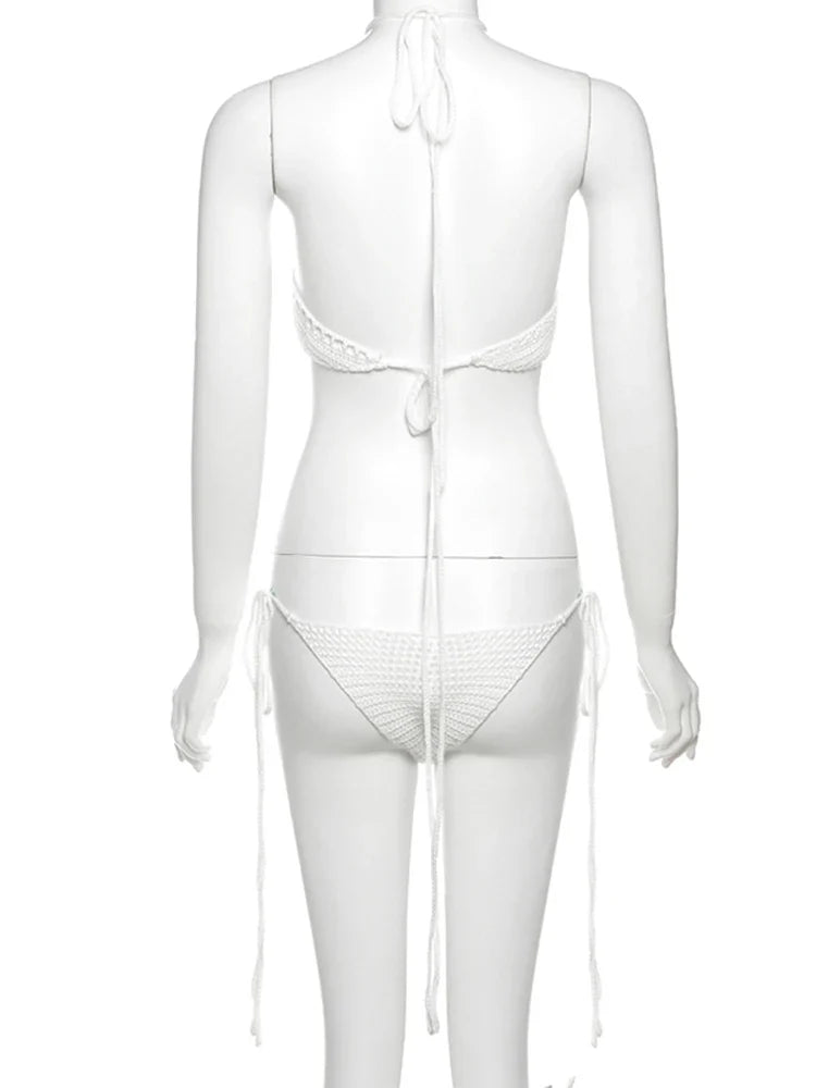 Sexy Crochet 2 Piece Set Women Hollow Swimsuit Halter Mini Camisole+Bandage Panties Matching Club Beach Vacation Suit