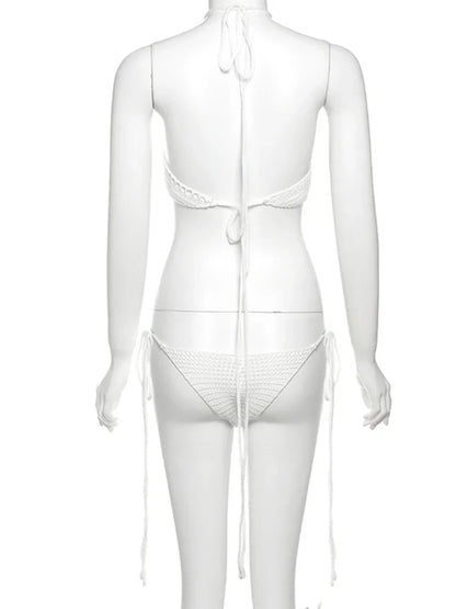 Sexy Crochet 2 Piece Set Women Hollow Swimsuit Halter Mini Camisole+Bandage Panties Matching Club Beach Vacation Suit