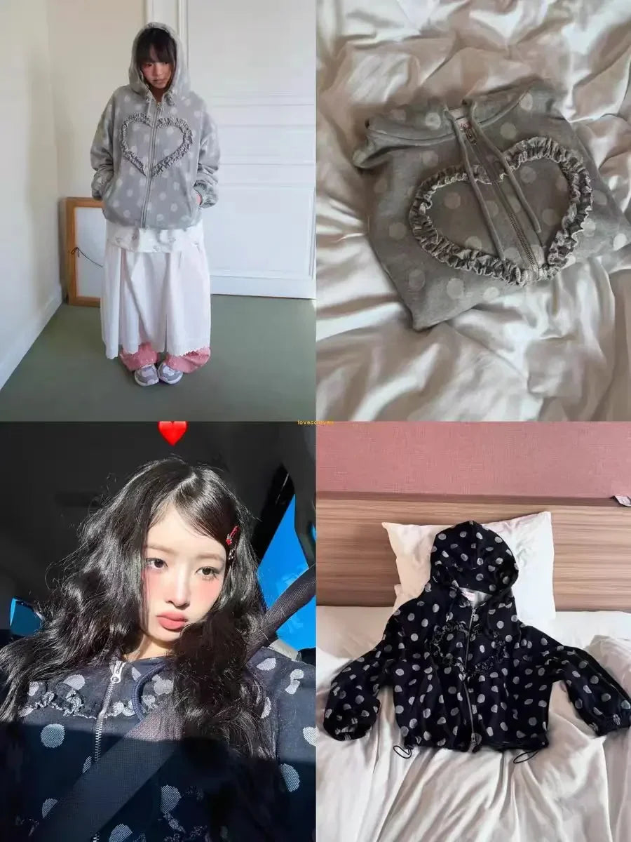 Spring 2025 New Korean Heart Shaped Ruffle Dot Printed Zipper Hoodie y2k Retro High end Design Loose Sweet Long Sleeve Jacket