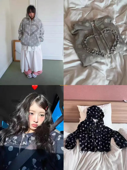 Spring 2025 New Korean Heart Shaped Ruffle Dot Printed Zipper Hoodie y2k Retro High end Design Loose Sweet Long Sleeve Jacket