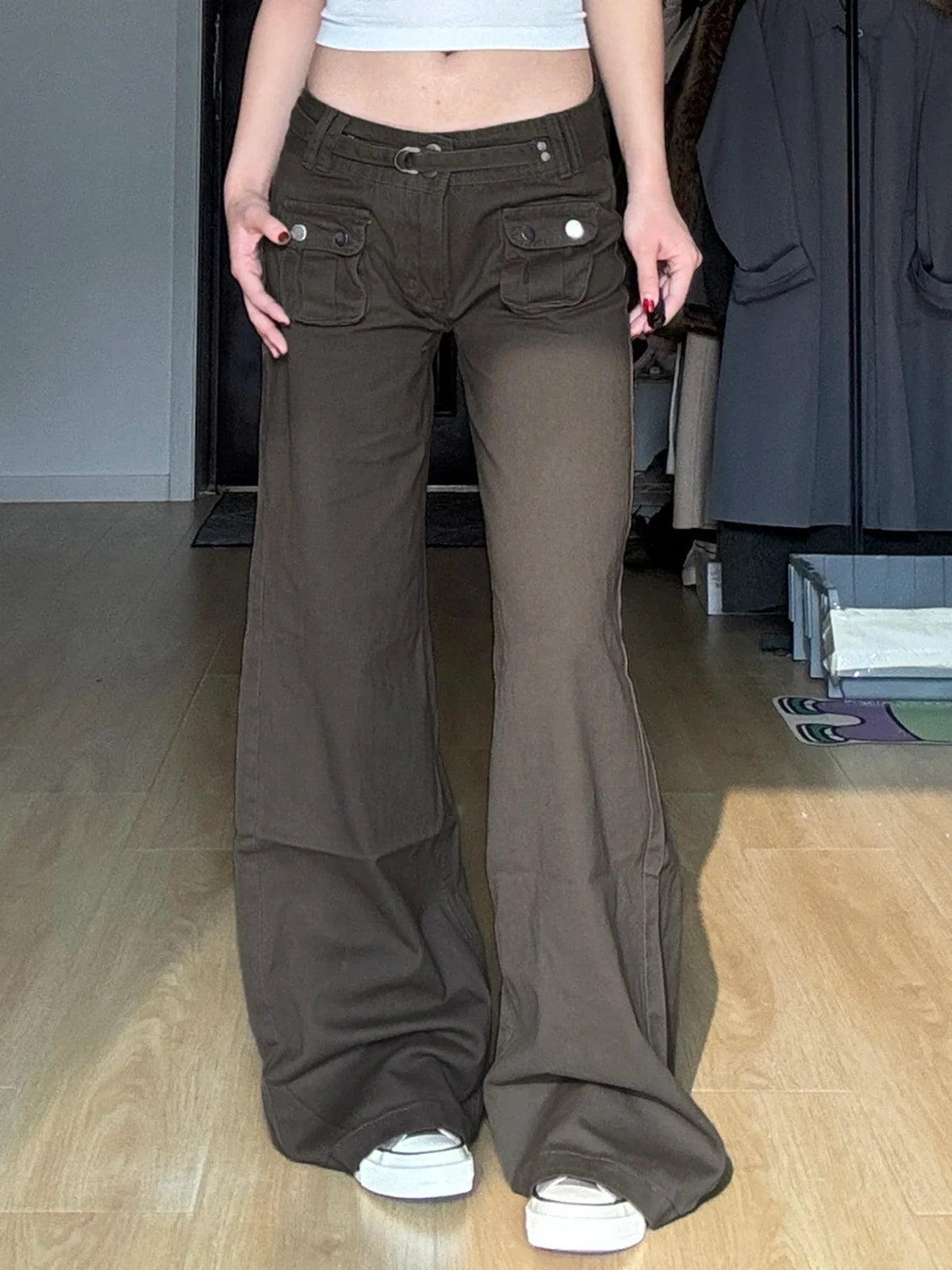 Vintage 2000s Pocket Denim Pants with Belt Casual Low Rise Baggy Cargo Denim Pants y2k Streetwear Women's Jeans Harajuku