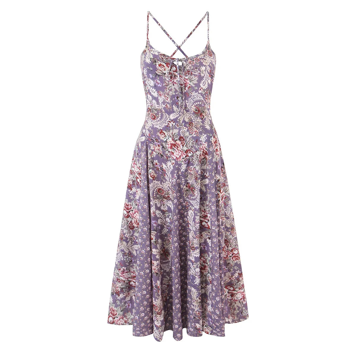 Vintage Floral Print Sling Vacation Dress Women New 2026 A-line Midi Big Swing Casual Summer Dresses