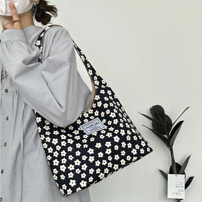 Vintage Sweet Flower Print Tote Bag Office Lady Fashion Fairy Chic Women Handbags All Match Canvas Casual Shoulder Underarm Bag