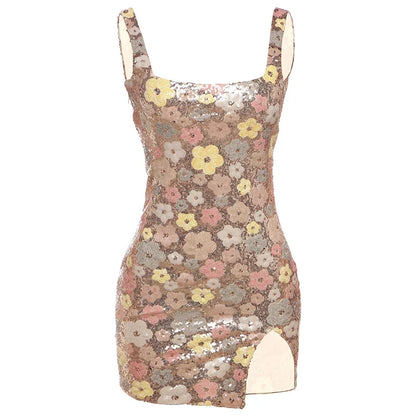 Flower Print Colorful Mini Dress Women Sequins Patchwork Skinny Backless Sleeveless Vacation Trend Elegant Sweet Outfits