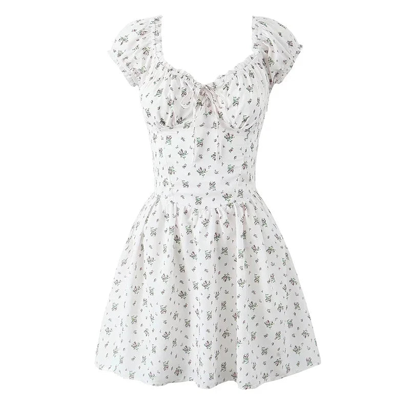 Holiday Summer Dresses 2025 Women French Style Floral Print Dress Vintage Short Sleeve V Neck A-line Mini Robe Sundress