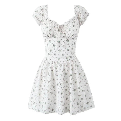 Holiday Summer Dresses 2025 Women French Style Floral Print Dress Vintage Short Sleeve V Neck A-line Mini Robe Sundress
