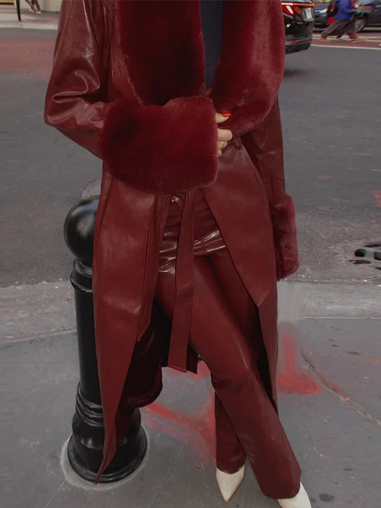 Elegant Fur Leather Women's Long Coat Red Long Sleeve Lapel Lace Up Loose Patchwork Jacket 2025 Fashion Autumn Winter Coats