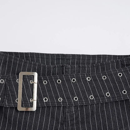 Y2K Striped Denim Shorts Women Summer Streetwear Sexy Hot Pants Metal Eyelet Belt Short Jeans Casual Party Club Outfits