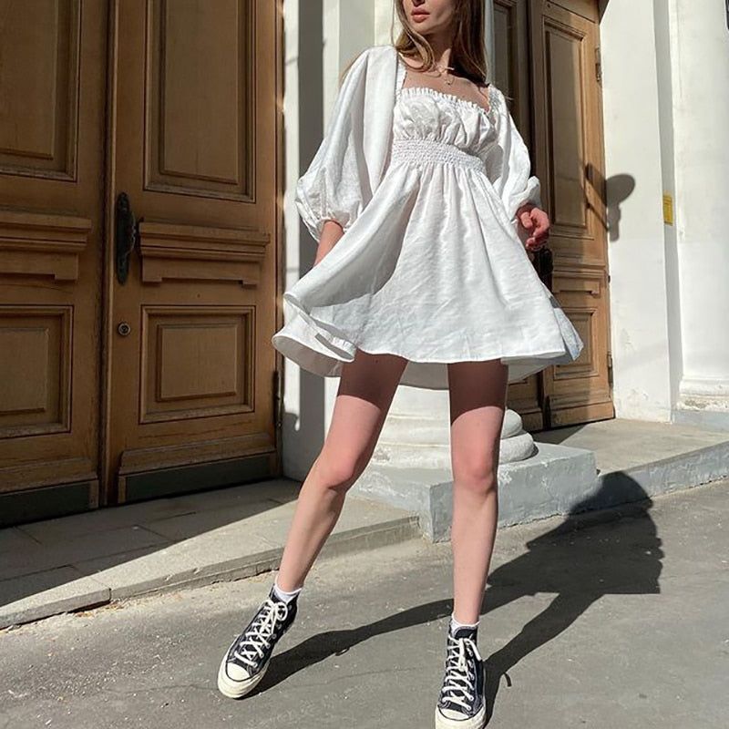 Square Neck Smocked Waist Puff Sleeve Ruffle Trim Mini Dress