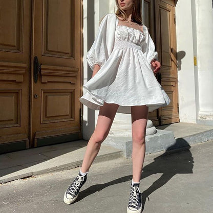 Square Neck Smocked Waist Puff Sleeve Ruffle Trim Mini Dress