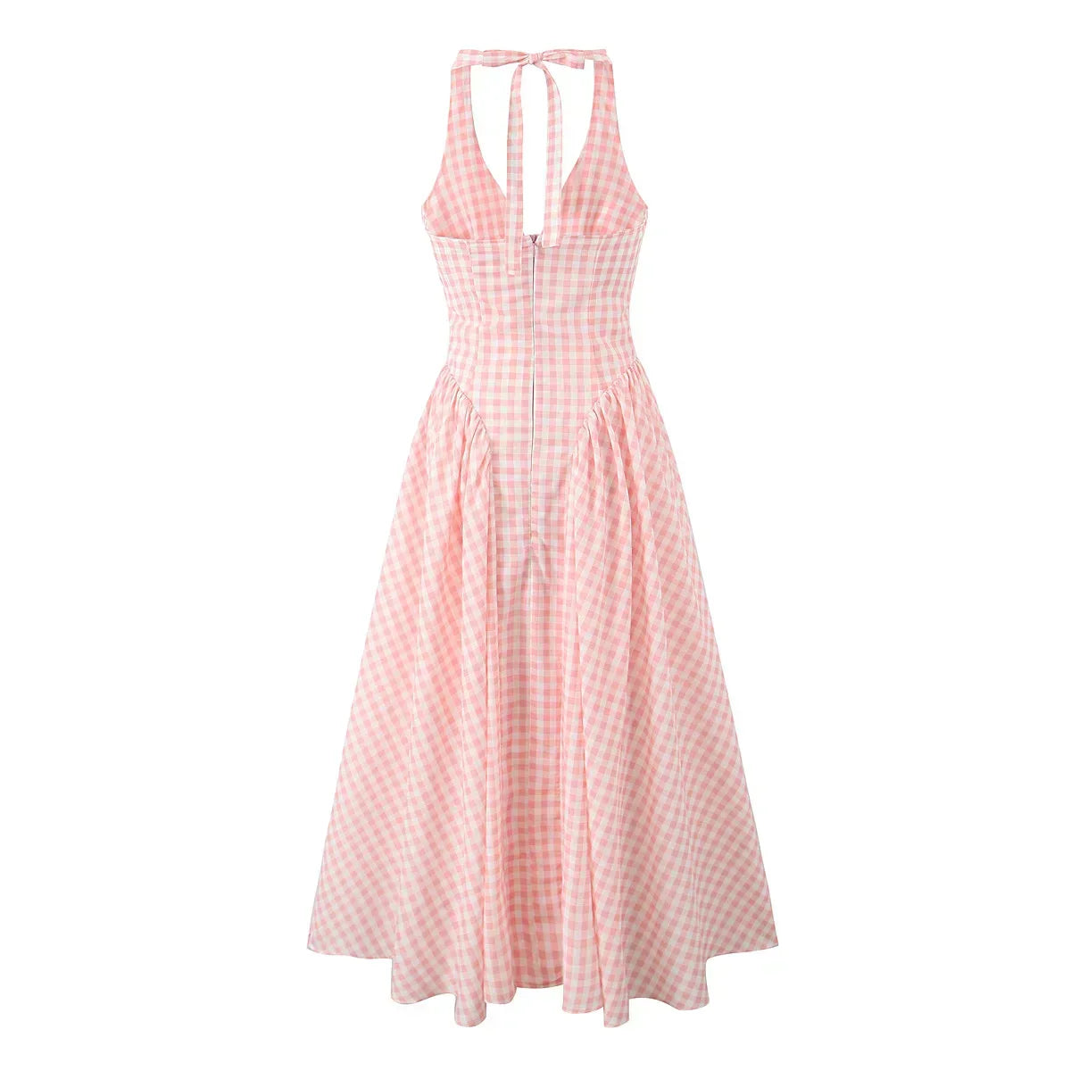 Gingham Print Halter V Neck Pleated Flare Midi Dress