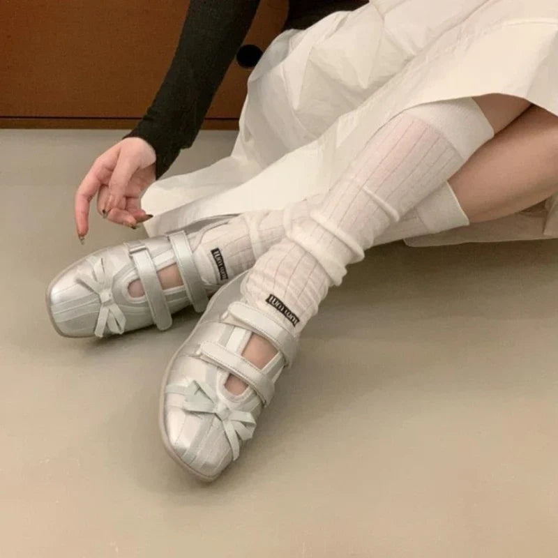 Sweet Pink Bow Ballet Flats Women Fashion Double Narrow Band Design Brand Mary Jane Shoes Comfort Round Toe Shallow Casual Shoes