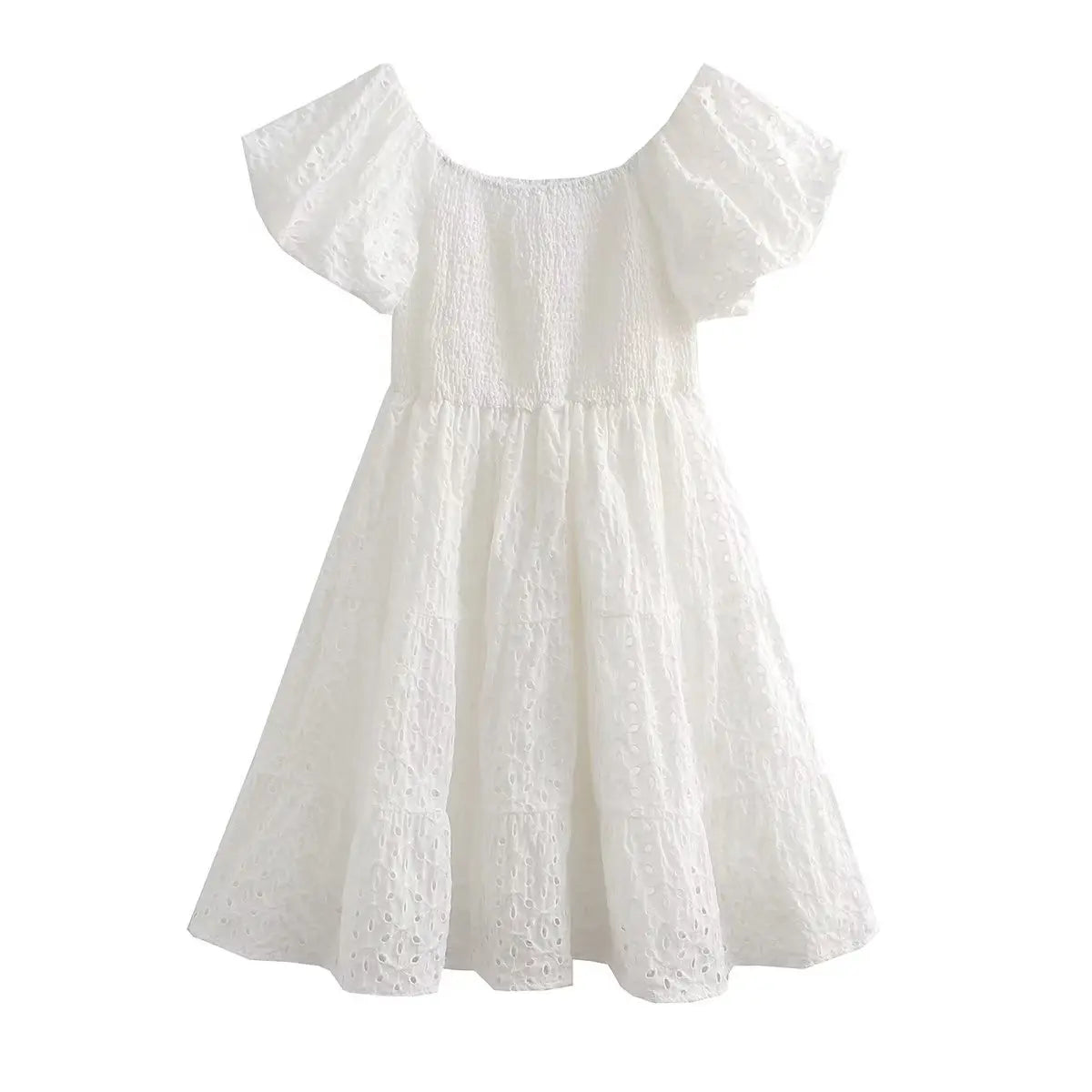 White Floral Embroidery Lace Mini Dresses for Women Off Shoulder Puff Sleeve Shirred Chest Short Dress Summer Boho Beach