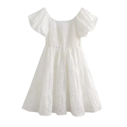 White Floral Embroidery Lace Mini Dresses for Women Off Shoulder Puff Sleeve Shirred Chest Short Dress Summer Boho Beach