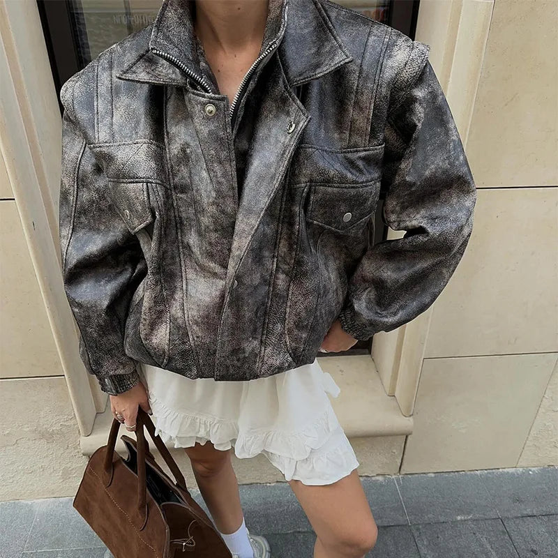 Women's Cropped PU Leather Jacket Chic Turn Down Collar Zipper Gradient Color Female Retro Coat Autumn Motorcycle Outwears