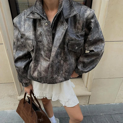 Women's Cropped PU Leather Jacket Chic Turn Down Collar Zipper Gradient Color Female Retro Coat Autumn Motorcycle Outwears