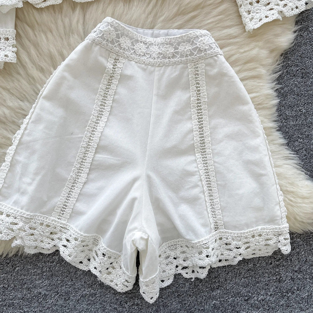 Crochet Patchwork Shorts Sets Women Single Breasted Lapel Collar Long Sleeve Blouse Summer Casual Fashion White Two-piece Set