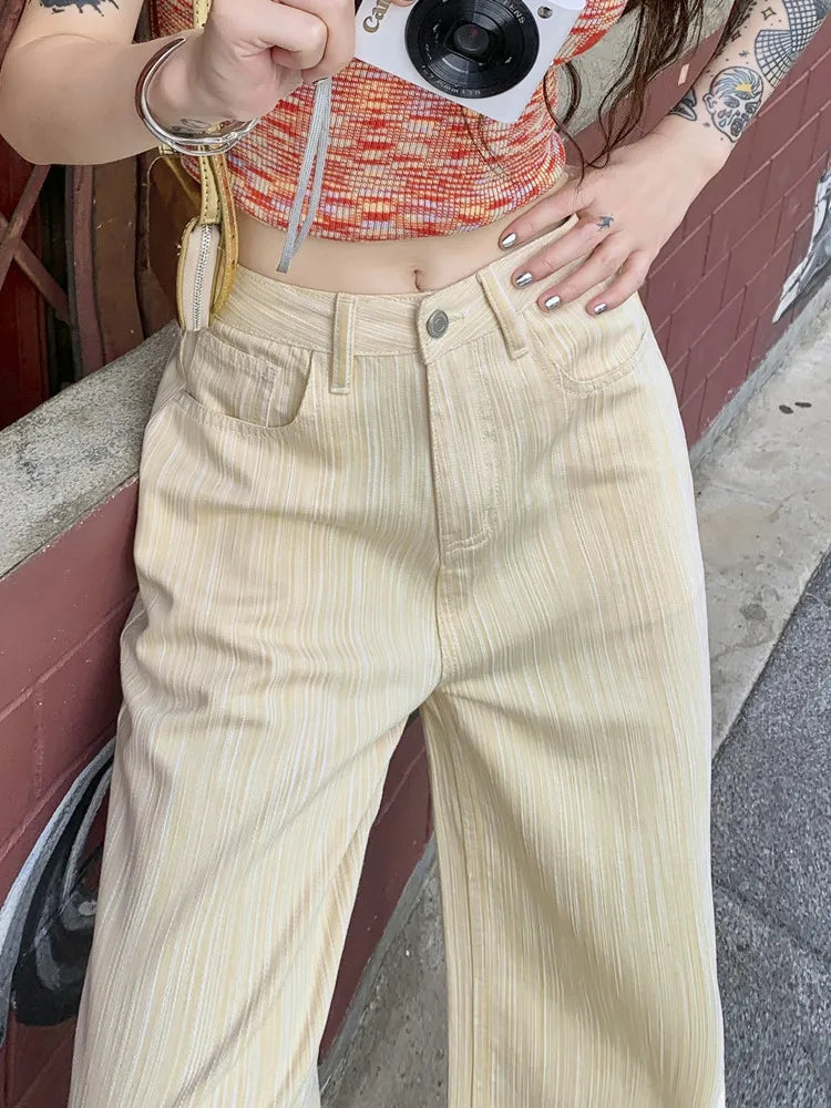 Women‘s Beige Hotsweet Denim Wide Leg Pants Y2K Summer Casual Straight Baggy Jeans Female ’