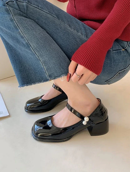 Pearl Square Toe Beige Women's Shoes Mary Jane With Medium Heels Chunky Luxury Leather Casual Japanese Style Lolita Gothic E 39