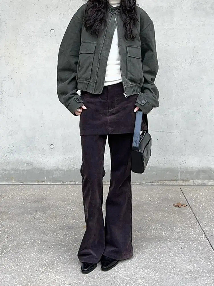 Design Sense Stacked Corduroy Skirt Pants Women's Fake Two Piece Micro Horn Floor Pulling Pants