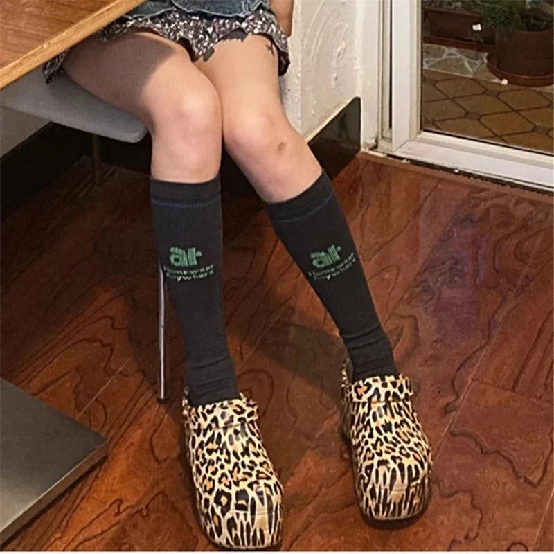 Leopard Round Toe Thick Bottom Platform Chunky Heels Women Pumps Slip On Mixed Color Sandals Fashion Retro Western Ladies Shoes