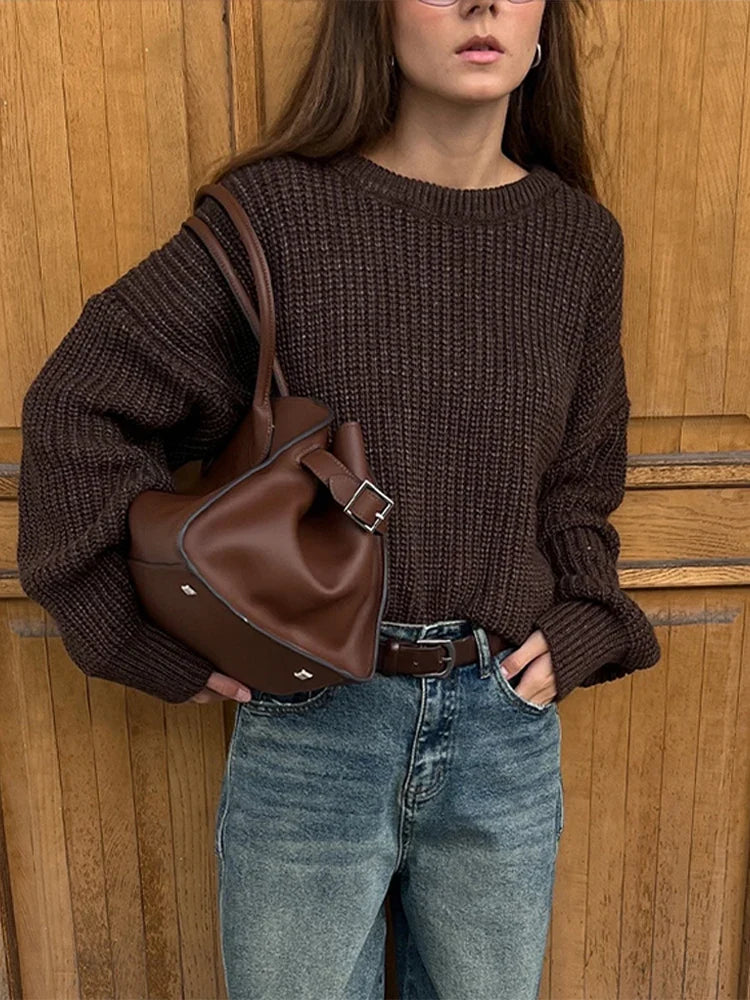 Vintage Women's Crochet Sweater Autumn Winter Loose O-neck Long Sleeve Solid Pullover Lady Knit All-match Knitwear Female Casual