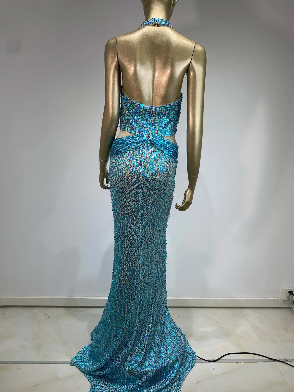 Halter Deep V-Neck Side Cutout Sequin Bodycon Maxi Gown
