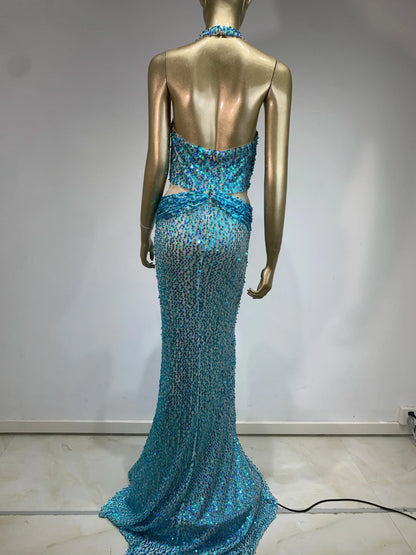 Halter Deep V-Neck Side Cutout Sequin Bodycon Maxi Gown