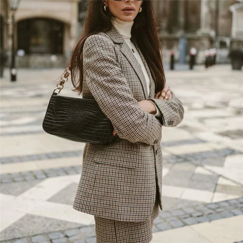 Spring New Ladies Retro Plaid Single Breasted Suit Jacket Sexy High Waist Bag Hip Short Skirt Fashion Casual Women's Suit