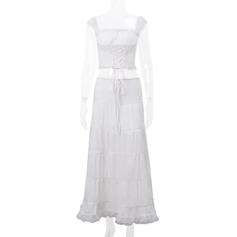 Sweet Hot Girl Sexy Suit for Women's Summer Low Cut Patchwork Straps Top High Waisted Pleated Skirt Two-piece Set Female Clothes