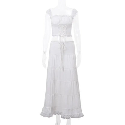 Sweet Hot Girl Sexy Suit for Women's Summer Low Cut Patchwork Straps Top High Waisted Pleated Skirt Two-piece Set Female Clothes