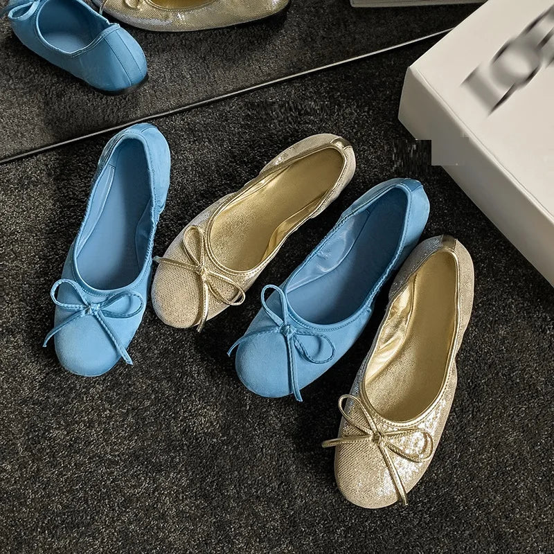 Woman Flats Satin Basic Style Round Toe Ballet Shoes Slip On Woman Soft Flats Spring Autumn Daily Bowtie Loafers