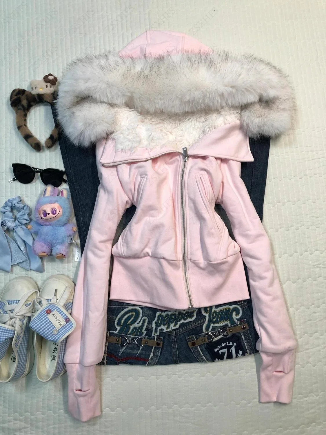 Pink Hoodie 2000s Cute Clothes Spicy Girls Streetwear High street Classic Minimalist Unique Casual Jacket Faux Fur Collar Hoody