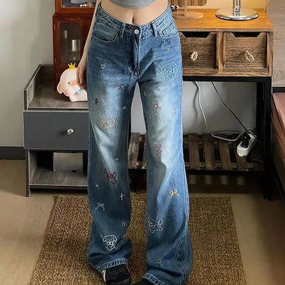 Jeans Puppy Embroidery High Waist Small Retro Design Women'S Summer Straight Slim Loose Wide Leg Pants Trendy