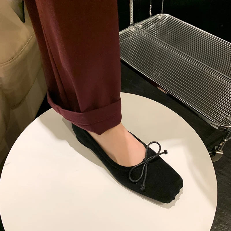 Spring Simple Shoes Woman Square Toe Ballet Flats Real Leather Sheepsuede Elegant Women Flats Basic Style Shoes For Women