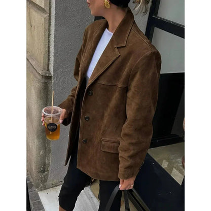 Vintage Lapel Pocket Suede Leather Jacket Women Fashion Loose Single Button Oversize Brown Coats Female Street Chic Clothes