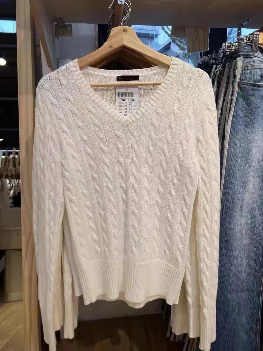 Vintage Twisted Floral V-neck Knit Sweater Women Cotton Warm Slim Preppy Style Solid Pullovers Tops Sweet Chic Cute Jumpers Y2K
