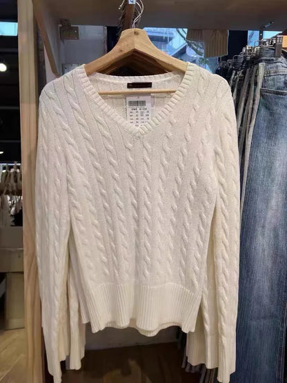 Vintage Twisted Floral V-neck Knit Sweater Women Cotton Warm Slim Preppy Style Solid Pullovers Tops Sweet Chic Cute Jumpers Y2K