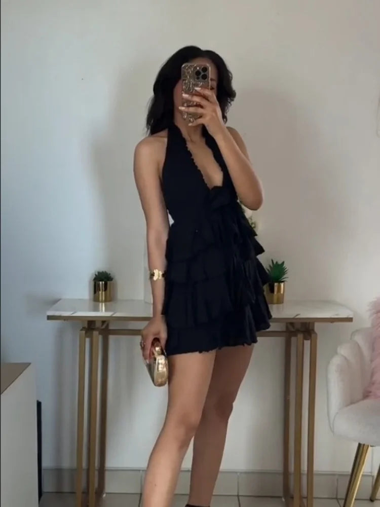 New Women's Fashion Solid Color Versatile Deep V-neck Flower Bow Off the Shoulder Sexy Sleeveless Dress